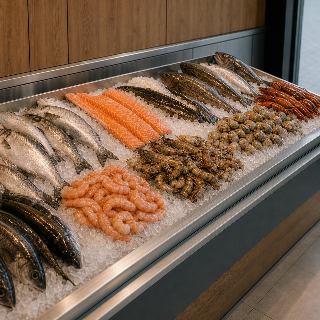 Свежая рыба, креветки и морепродукты на льду